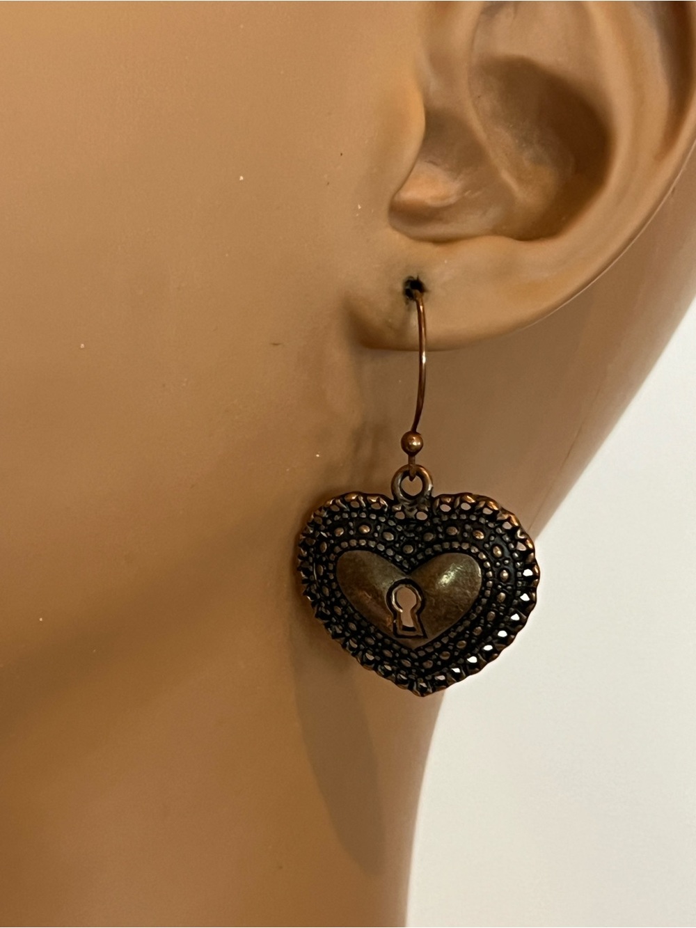 Vintage Heart Keyhole Drop Earrings in Antique Copper